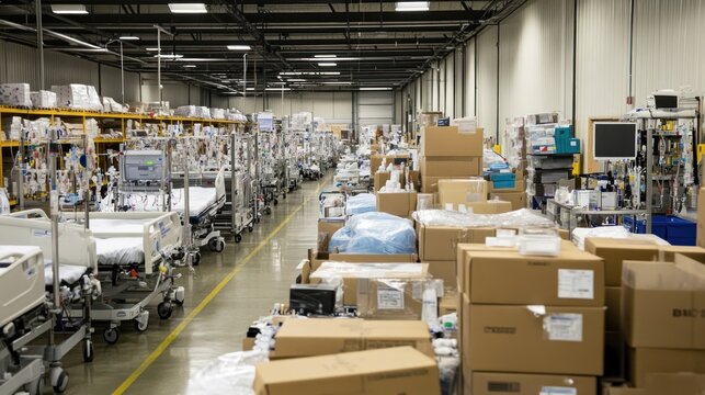 A warehouse filled with medical equipment and supplies, organized for healthcare use.