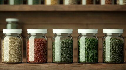 Jars of spices on wooden shelf