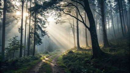 Obraz premium Sunbeams Through Misty Forest Path Nature Photography