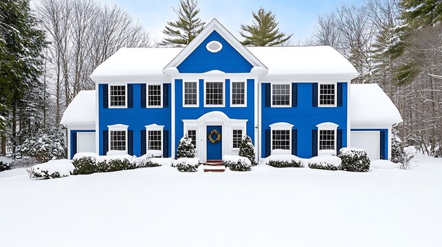 Blue House Snow Covered Winter Landscape