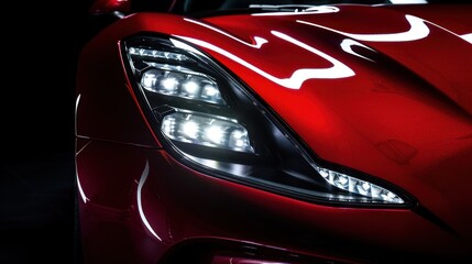 Modern red sports car LED headlights with black background and copy space, AI generated image