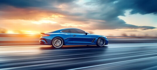 Blue Sports Car Speeds on Road at Sunset