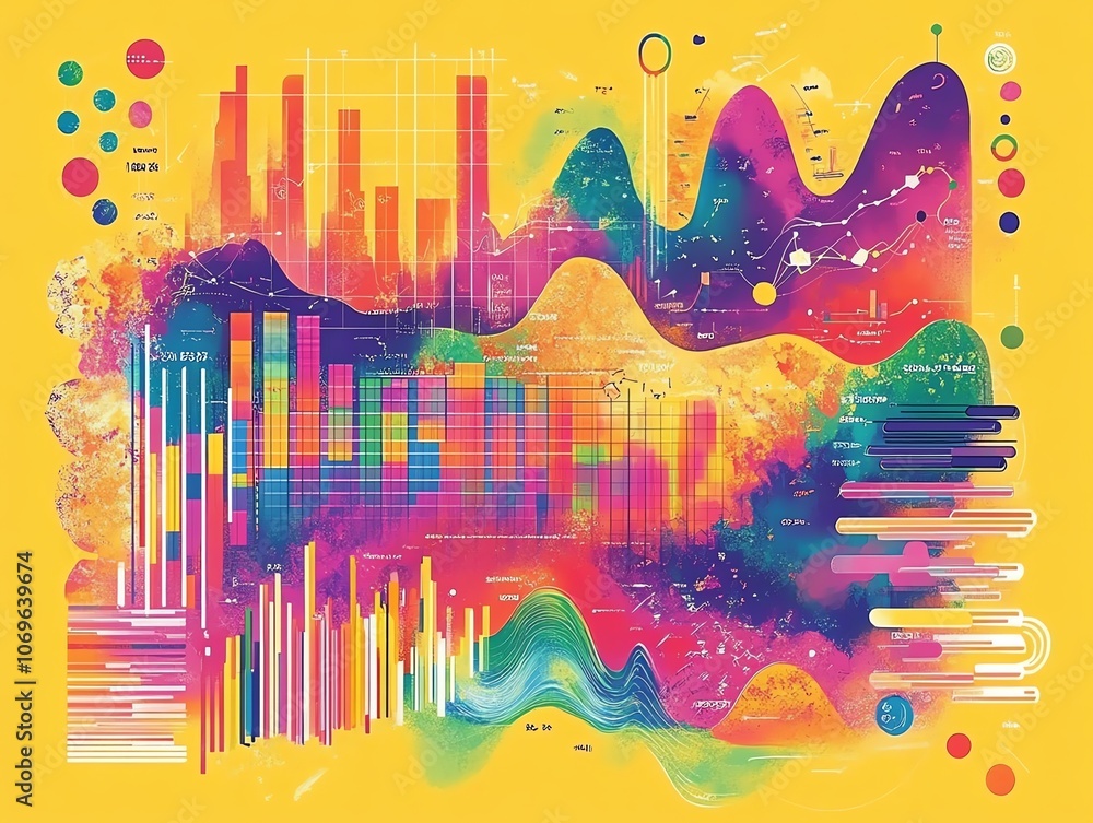 Poster abstract colorful graphic design with charts, data visualizations, and shapes on a yellow background