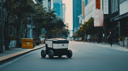 Autonomous delivery robot navigating urban street futuristic innovation logistics. AI generated