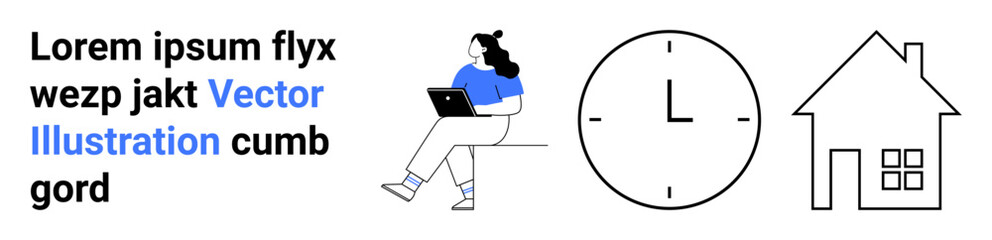 Laptop user, clock, and house vector emphasize remote work, productivity, and time management. Ideal for freelancing, work-life balance, home office setup, scheduling, digital nomad, telecommuting