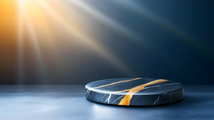 Black marble tabletop for product presentation. Dark stone countertop on wooden wall panels vertical slats background