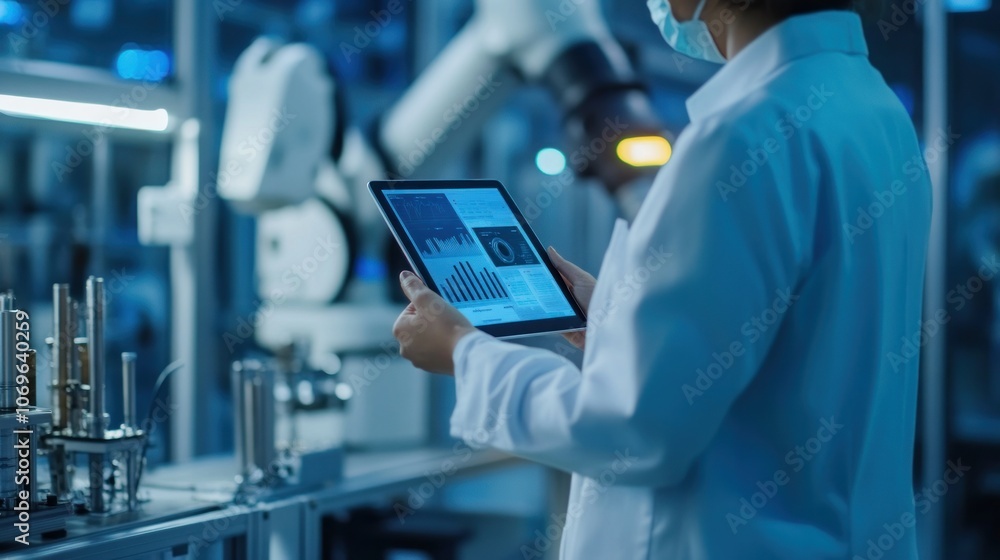 Aufkleber a person in a lab coat uses a tablet to analyze data in a high-tech industrial setting.