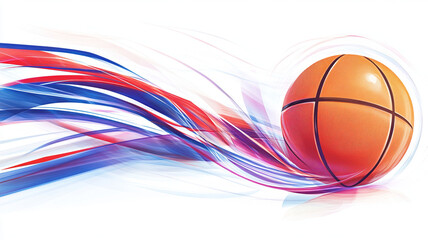 Fototapeta premium Dynamic basketball illustration with vibrant colors and motion effects, showcasing an orange basketball surrounded by flowing red and blue ribbons. Perfect for sports themed designs