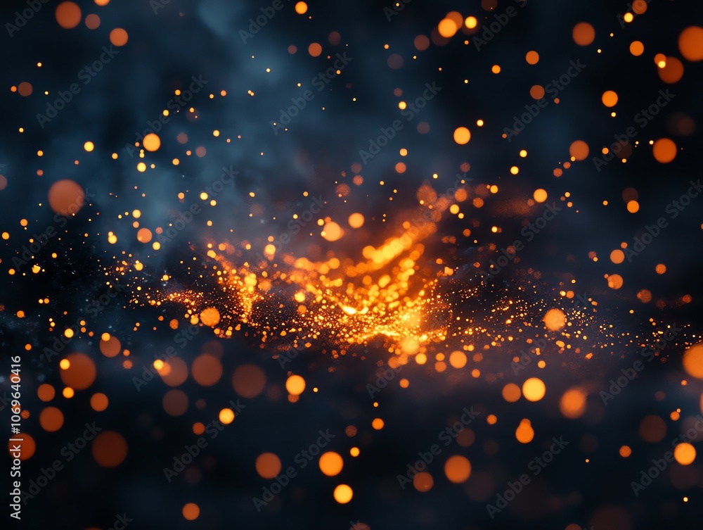 Poster abstract dark background with glowing embers and particles.