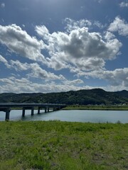 river landscape with hills and bridge cloudy blue sky 