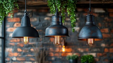 Obraz premium Metal pendant lamps in black of various shapes hang from the ceiling, adding a touch of industrial design to the interior.