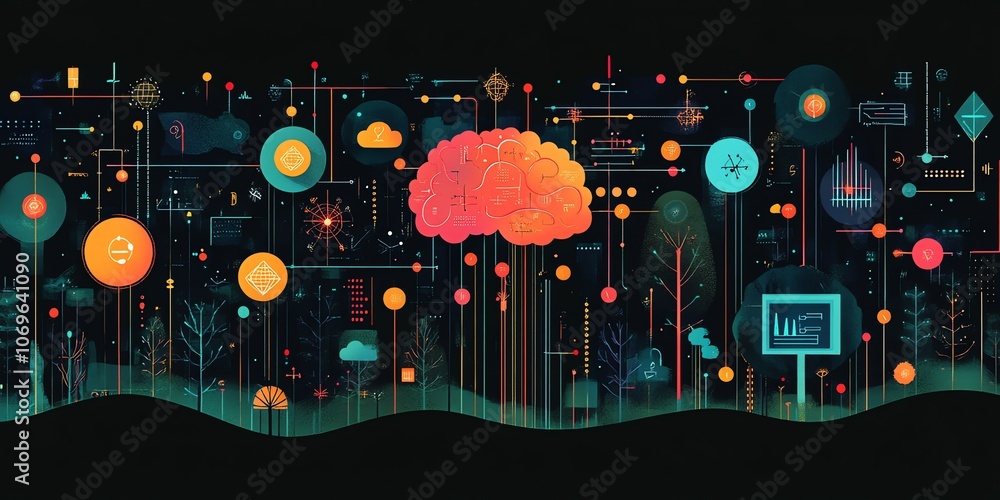 Poster abstract digital brain concept with colorful lines, circles and symbols on black background.