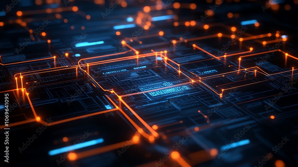 Poster abstract digital circuit board with glowing orange lines and blue elements.