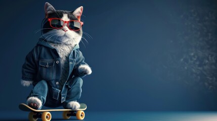 Naklejka premium Trendy cat wearing sunglasses and skateboarding on dark blue background, AI generated image