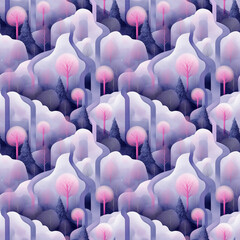 Obraz premium Seamless Pattern with Stylized Trees and Flowing Rivers