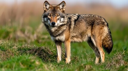 Obraz premium Majestic Wolf Standing in Green Grass Wildlife Photography Nature Animal Portrait