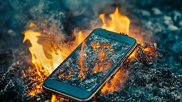 A burning smartphone lies amidst fiery embers, highlighting technology's fragility and environmental impact. Blue flames add a cold contrast to the warm fire.