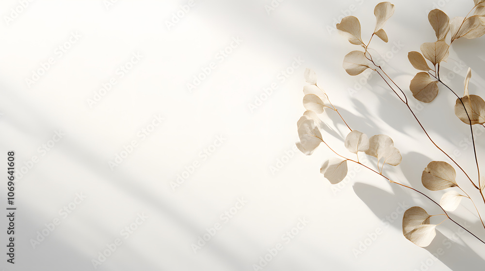 Poster a minimalistic image featuring light shadows and dried leaves against a soft, neutral backdrop, crea