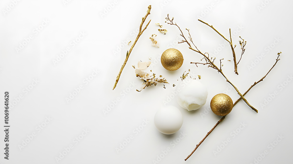 Poster a minimalistic arrangement featuring white and gold decorative items with twigs on a clean surface.