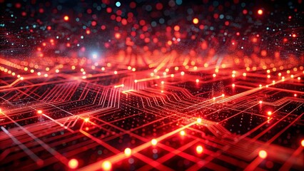 Fototapeta premium Interconnected Red Lines and Glowing Points on a Dark Background, Representing a Complex Network of Connections