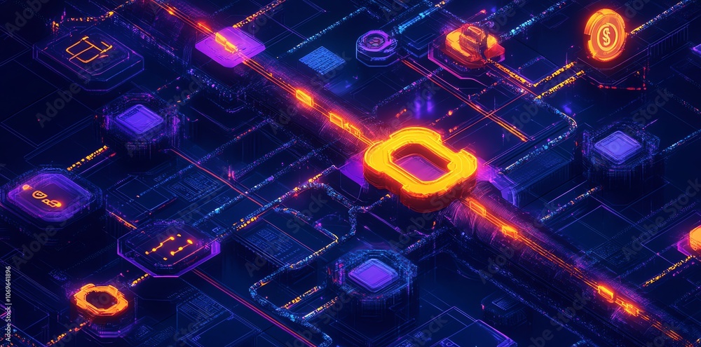 Aufkleber Abstract digital network with glowing lines and a central orange element on a dark background.