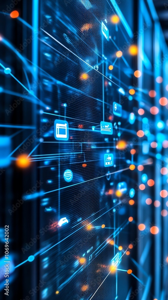 Poster Abstract digital network with glowing lines and dots on a server rack, representing data flow and connectivity.