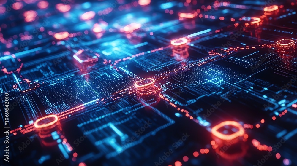 Poster Abstract digital network with glowing lines and nodes in red and blue.