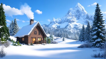 Snowy Cabin in Mountain Wilderness Winter Wonderland