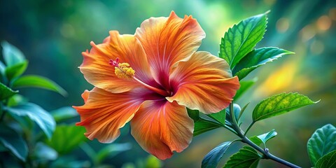 Fototapeta premium A single orange hibiscus flower blooms gracefully against a backdrop of lush green foliage, bathed in soft, natural light.