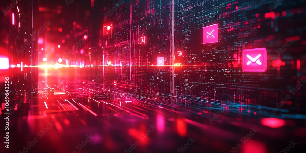 Poster abstract digital red and blue futuristic background with glowing lines and icons.