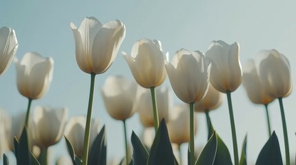 Obraz premium Serene White Tulips in Sunlit Field - A Tranquil Springtime Bloom Scene