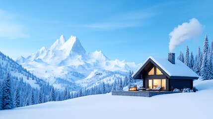 Fototapeta premium Snowy Mountain Cabin with Fire Pit and View