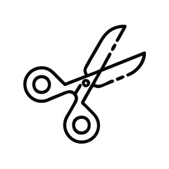 Scissors Icon with Dotted Cutting Line, Illustration of open scissors with a dotted line, representing cutting, crafting, and editing tasks in a minimal design.
