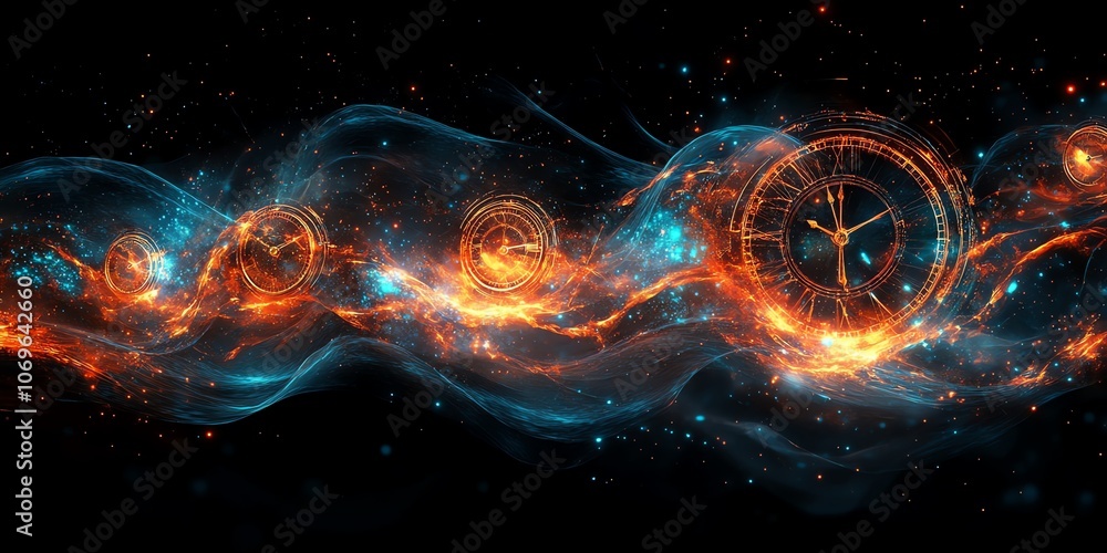 Poster abstract fiery wave with clock faces on dark background.