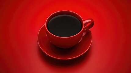 Red Cup of Black Coffee on Matching Saucer Against Bold Red Background