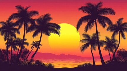 A vibrant sunset over a tranquil beach with silhouetted palm trees.
