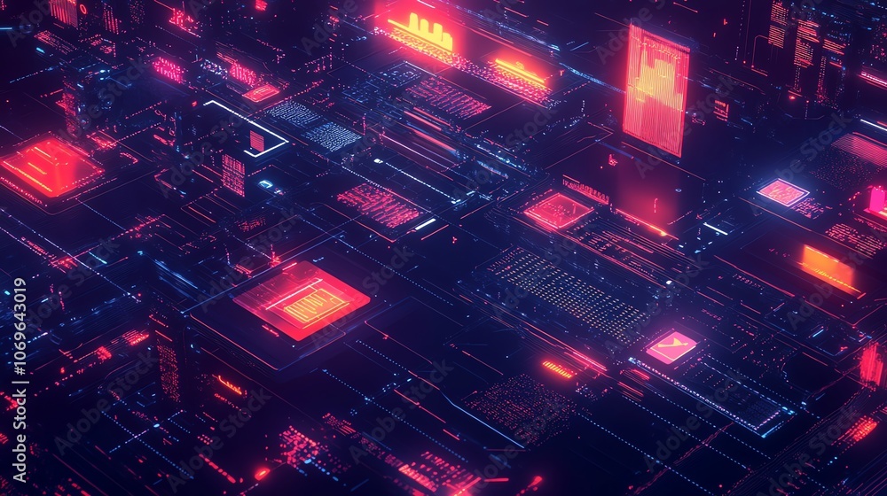 Poster abstract futuristic circuit board with glowing red and blue lights.