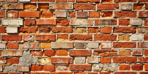 A weathered brick wall, showcasing a symphony of tones, textures, and patterns in red, orange, and gray hues, revealing the passage of time and the enduring nature of construction.