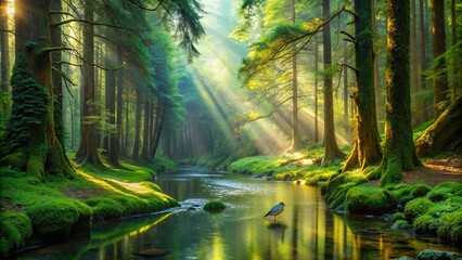 Obraz premium A Serene Forest Stream Bathed in Sunlight, Its Banks Lush with Moss and Whispering Trees