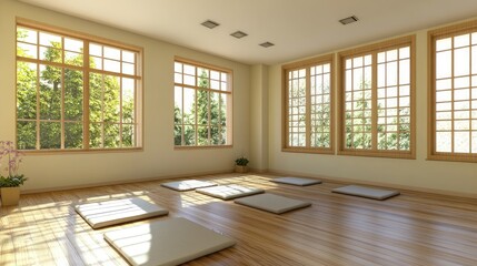 Tranquil Empty Yoga Room with Cushions and Sunlit Panoramic Windows