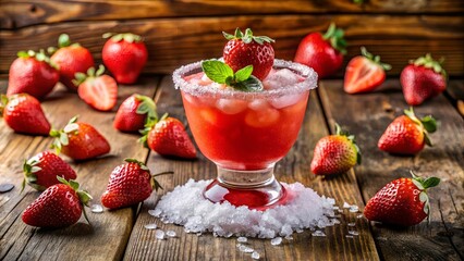 A refreshing summer beverage with a sweet and tart taste, adorned with fresh strawberries and mint leaves, served on a rustic wooden surface surrounded by icy crystals.
