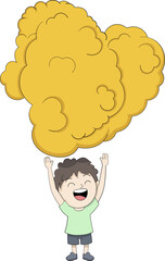 Happy Boy Character Holding a Giant Piece of Crispy Fried Chicken in Fun Cartoon Style