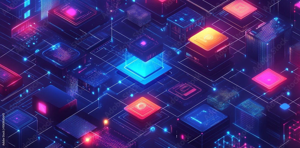 Aufkleber abstract futuristic digital network background with glowing cubes and lines.