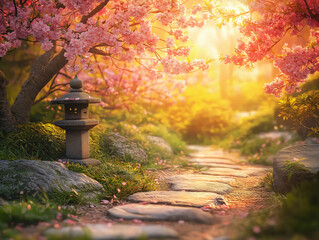 Traditional Japanese garden at sunset zen rock arrangement,stone pagoda lantern,cherry blossom,pond reflection,peaceful ambiance, nature photography,landscaping art,sky,lake,sand,bush.spring,dream