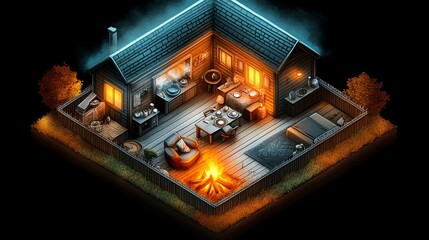 Fototapeta premium Cozy Cabin Isometric Illustration Home Fire Night Scene Wood Autumn