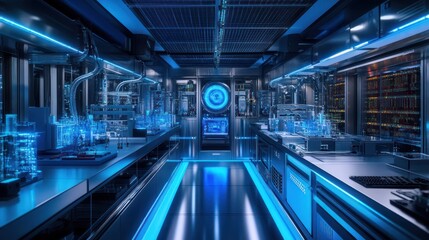 Naklejka premium A cutting-edge quantum electronics laboratory with sleek, metallic surfaces, glowing with energy as quantum particles flow through the system, futuristic design