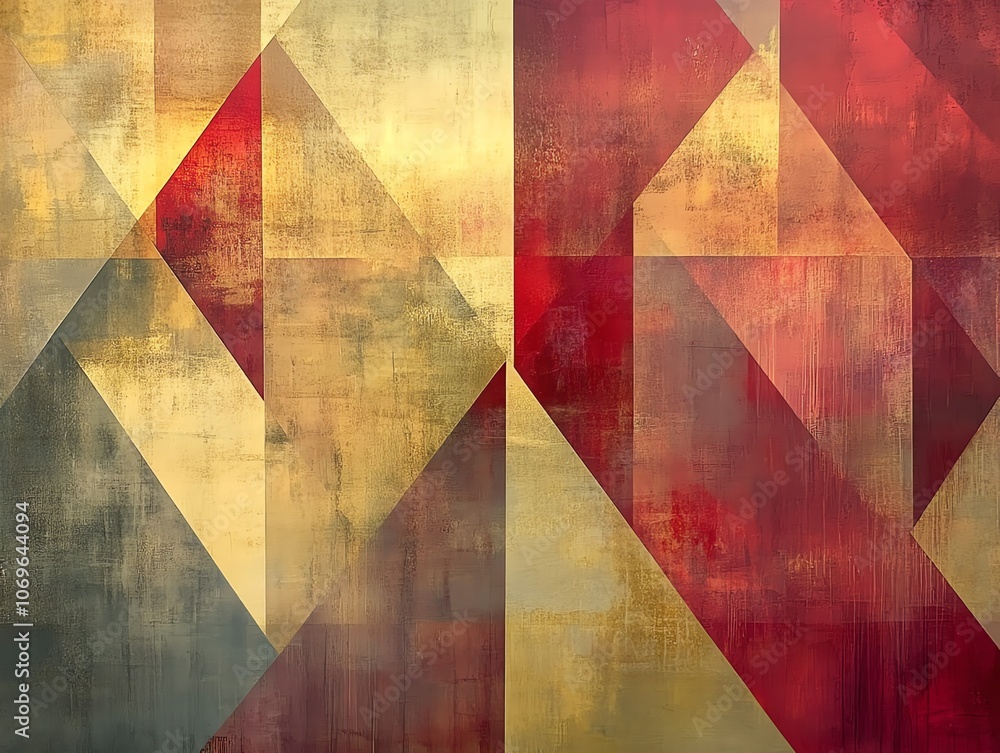 Poster Abstract geometric background with red, yellow and grey triangles with a distressed texture.