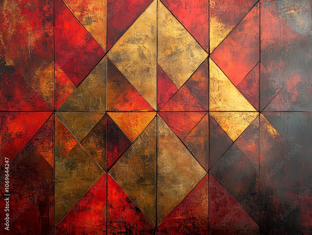 Aufkleber Abstract geometric pattern of red and gold triangles with a distressed texture.