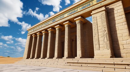 Obraz premium Ancient Egyptian Temple Desert Landscape Sandstone Columns Hieroglyphs Sunny Day