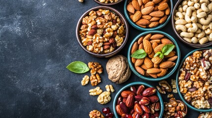 Fototapeta premium Assorted Nuts and Seeds in Bowls on Dark Background: Healthy Snack Variety
